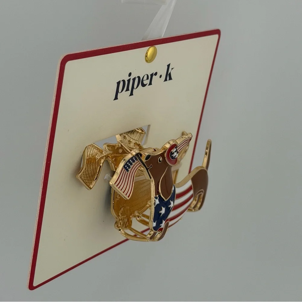 Piper K Patriotic Dachshund Hair Claw Clip Gold Tone Rhinestones Red White Blue